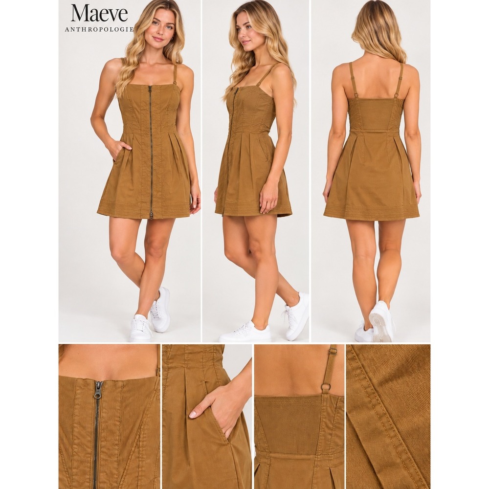 Maeve Anthropologie Ochre linen Blend Zip Front Corset Mini Dress Pockets S